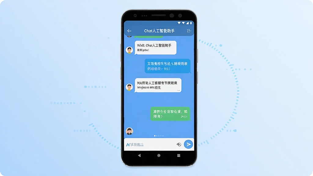 ��������չʾһ����׿�ֻ����ֻ���Ļ����ʾ��Chat�˹��������֡�������Ի����棬���������û����ʺ�AI�ش�����ݣ�����Ϊ����ǳ��ɫ���䣬������Ϊ��ƽ���Ƽ��磬ϸ�ڰ����ֻ��߿��������ݡ������ͷ��Ͱ�ť�������������ɾ����޶���Ԫ��