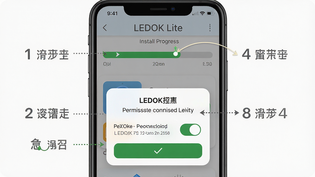 һ��չʾ LEDOK Lite ���ֻ��ϰ�װ��Ȩ�����ò����ʾ��ͼ������Ϊ�ֻ���Ļ��ʾ��װ��������Ȩ�޵���������Ϊ���й�ͼ���Ű����������Ϊ�̳�ָ���磬ϸ�ڰ���������š���ɫȷ�ϰ�ť��Ȩ�޿���ͼ�꣬���ʸ��壬����ɾ����޶���Ԫ�أ�ͼƬ�д��С�LEDOK Lite������