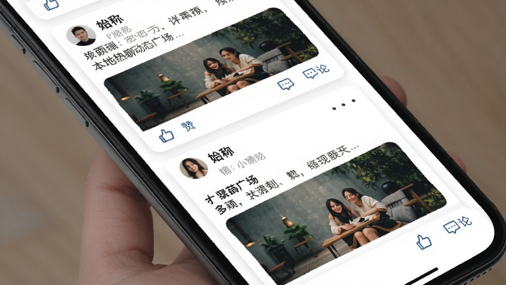 �������Ķ�̬�㳡���棬�ֻ���Ļչʾ�ٲ�����̬��Ƭ��ÿ�ſ�Ƭ�����û�ͷ���ǳơ��������ݺ���ͼ���ײ��е�������ͼ�꣬����Ϊ��ɫ������Լ�����ʸɾ����޶���Ԫ��