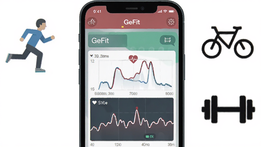 ����������һ���ֻ����ֻ���Ļ��ʾ GeFit Ӧ�����ڼ�¼�ܲ��켣���������ߣ��ֻ��Ա���������ܲ�С�ˡ����г�������ͼ�꣬����Ϊ����ɫ���Ű��࣬���Ƽ��б�ƽ�廭��ϸ�����������ʸ��壬�ɾ����޶���Ԫ��