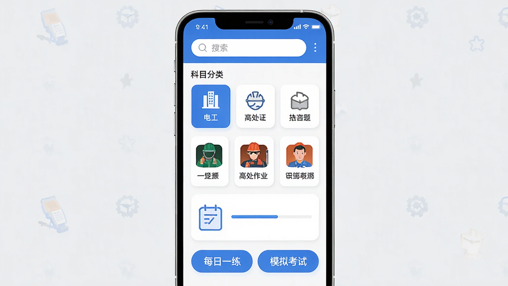 һ���ֻ�ˢ����������չʾ������Ϊ������ҵ����APP��ҳ�������Ϸ�Ϊ�������Ϳ�Ŀ���࿨Ƭ���м�Ϊ�繤���������ߴ���ҵ��ͼ����ڣ��·�Ϊÿ��һ����ģ�⿼�԰�ť���Ű��������룬���Ϊ�ִ���ƽ����ƣ�ϸ�ڰ�����ɫ��ɫ������ɫ��Ƭ��Բ��ͼ�ꡢ�����������ʸ��壬�ɾ����޶���Ԫ��