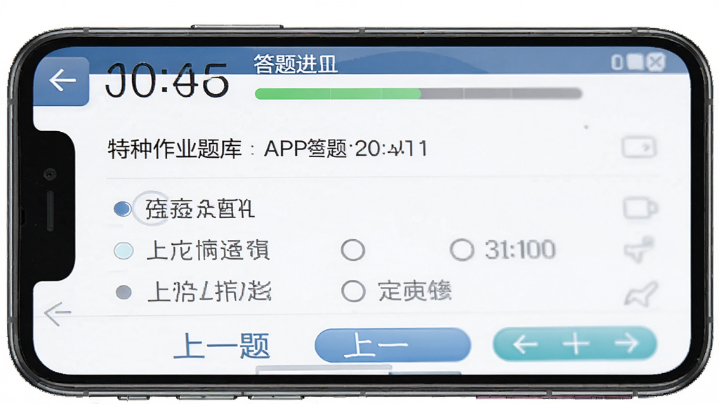 ������ҵ����APPģ�⿼�Խ��棬����Ϊ�ֻ���Ļչʾ���Դ���ҳ�棬�����Ϸ�Ϊ����ʱ�ͽ��������м�Ϊ��Ŀ��ѡ��·�Ϊ��һ����һ�ⰴť�����Ϊ����ϵͳ���ϸ�ڰ�����ʱ�������⿨��ѡ�ť�����ʸ��壬�ɾ����޶���Ԫ��