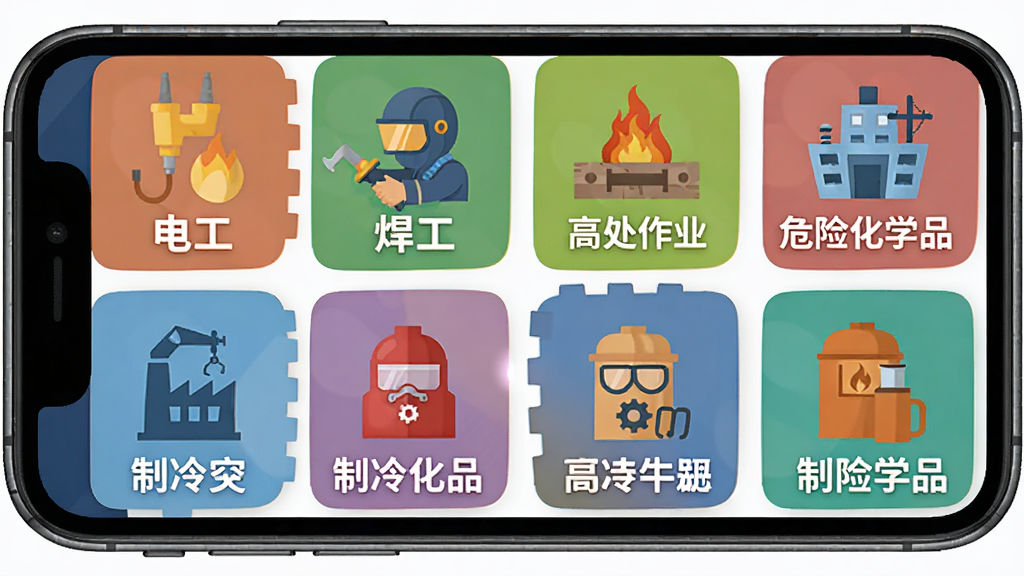 ������ҵ����APP����ѡ����棬����Ϊ�ֻ���Ļչʾ���������ҵ���ͼ�꣬����Ϊ����״���У������繤���������ߴ���ҵ������յ���Σ�ջ�ѧƷ��ͼ�꣬���Ϊ��ͨ��ƽ����ƣ�ϸ�ڰ��������ִ�����ͼ�ꡢ��ɫ��������ɫ���ֱ�ǩ�����ʸ��壬�ɾ����޶���Ԫ��
