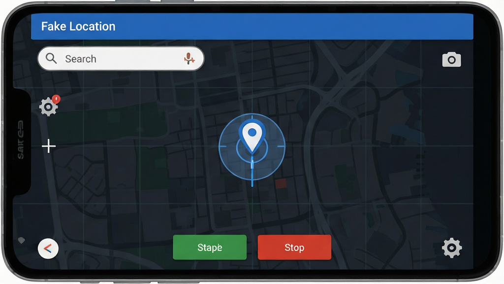һ�Ű�׿�ֻ���Ļչʾ Fake Location ���������棬������������ɫ��ͼ��������ͼ����һ������ɫ��λ��ǵ������ƶ������涥����ʾ�������� Fake Location���ײ��п�ʼģ���ֹͣ��ť����Χ��������ͳ��õص��б������岼�ּ�����������Ϊ�ִ���ƽ��UI��ƣ�ϸ�ڰ�����ͼ�����ߡ���λ��Ȧ������ͼ�꣬���ʸ��壬�ɾ����޶���Ԫ��