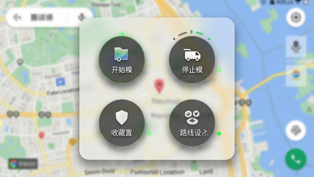 һ�Ű�׿�ֻ������������ͼ�������� Fake Location ������������������ڵ�ͼӦ��֮�ϣ�������п�ʼģ�⡢ֹͣģ�⡢�ղ�λ�á�·�������ĸ�Բ�ΰ�ť��������ģ���ĳ��е�ͼ�����Ϊ��͸��ë����Ч����ϸ�ڰ�����ť��Ӱ��ͼ�������״ָ̬ʾ�ƣ����ʸ��壬�ɾ����޶���Ԫ��