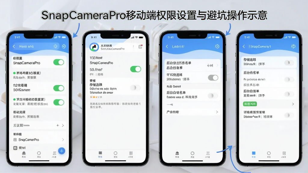 ����ΪSnapCameraPro�ƶ���Ȩ��������ܿӲ���ʾ�⣬����Ϊ�ֻ���Ļ��ͼ���У��Ű�ֲ���չʾ�����Ϊ�̳�ָ���磬ϸ�ڰ���Ȩ�޿��ء��洢ѡ�񡢺�̨�������Ƚ���Ԫ�أ���������������ɾ����޶���Ԫ��