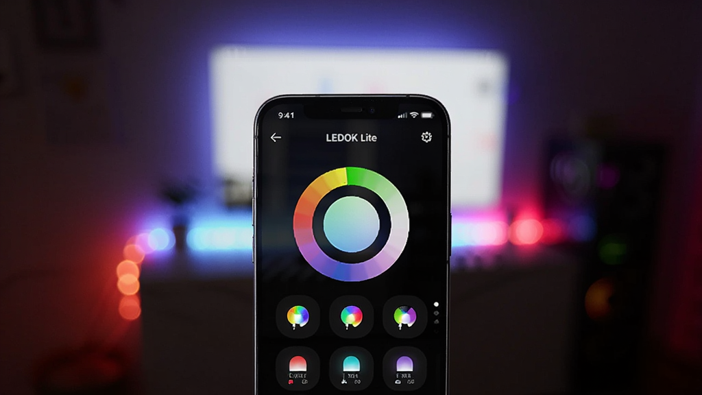 ����Ϊһ�������ֻ�����Ļ����ʾ LEDOK Lite �����Ŀ��ƽ��棬�����а�����ɫԲ����ɫ�������ƹ�ģʽͼ�ꣻ����Ϊ�ֻ����з��ã���������͵İ�ɫ���������ɫLED�ƴ����Σ��Ű��࣬�Ϸ�����ͻ���ֻ����壻���Ϊ�ִ��Ƽ����������ϣ�ϸ�����ֻ��߿�Բ����Ļ������Ȼ���ƴ���Ч���ֺ������䣻���ʸ��壬�ɾ����޶���Ԫ��