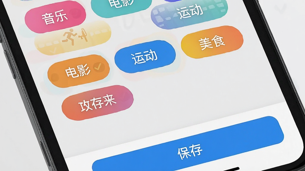 ����������Ȥ��ǩѡ����棬�ֻ���Ļչʾ�����ɫ��ǩ��ť���硰���֡�����Ӱ�����˶�������ʳ���ȣ����ֱ�ǩ�ѱ���ѡ����������ײ��С����桱��ť������Ϊǳ��ɫ������������죬�����������ɾ��޶���Ԫ��