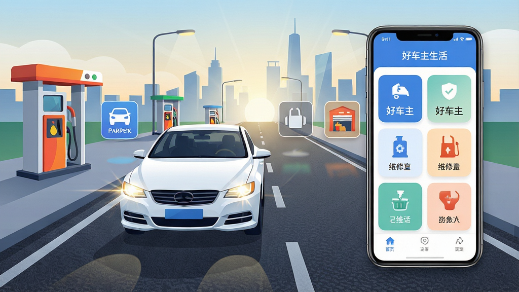 һ��չʾ�ó�������App��������ֻ���ͼ������������һ����ɫ�γ���ʻ�ڳ��е�·�ϣ���·������ʾ����վ��ͣ������ά�޵�ȷ���ͼ�꣬�ֻ���Ļ�����ڻ����Ҳ࣬��Ļ��������ʾ�ó�������App�Ĺ���ģ����棬����Ϊ�峿��������ߣ����Ϊ�ִ���ƽ���Ƽ��У�ϸ�ڰ������Ʒ��⡢·��������ͼ��߹⣬���ʸ���ɾ����޶���Ԫ��