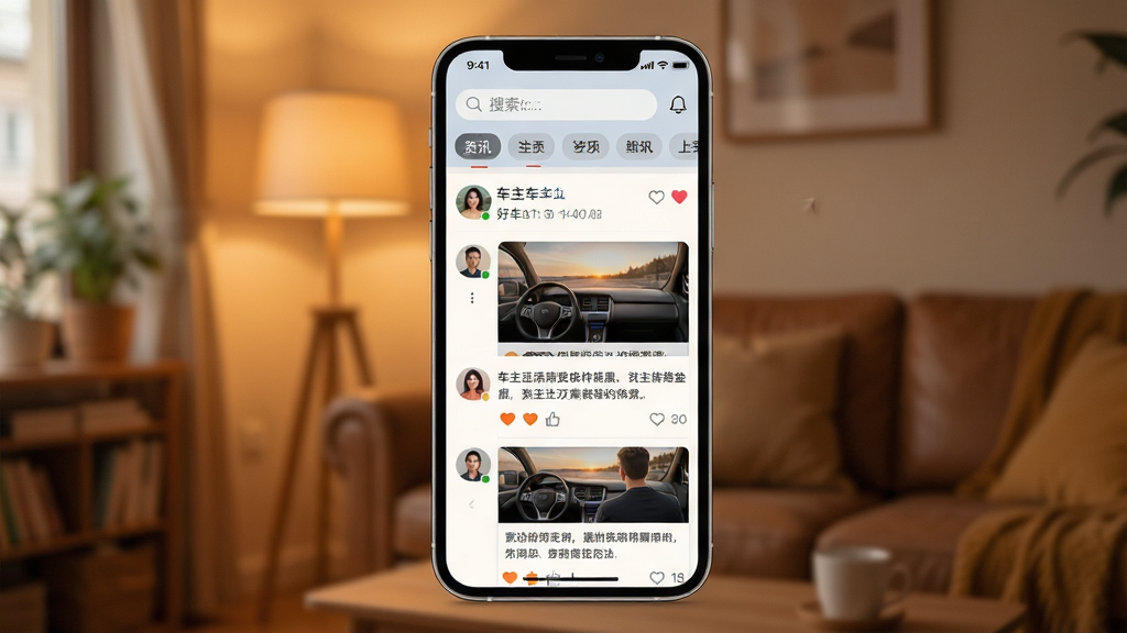 һ��չʾ�ó�������App������Ѷҳ����ֻ���ͼ���������ֻ���Ļ��ʾ���������б�����Ѷ���¿�Ƭ����Ļ�Ϸ����������ͷ����ǩ������Ϊůɫ�����ڻ��������Ϊ�罻�Ķ��磬ϸ�ڰ���ͷ��Բ�Ρ�����ͼ�ꡢ�����Ű����������ʸ���ɾ����޶���Ԫ��