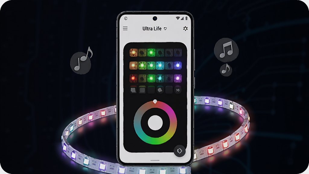 ����Ϊһ����׿�ֻ���Ļ��ʾUltra LifeӦ�ý��棬���������в�ɫLED�ƴ�����������ɫ�������ֲ��þ��й�ͼ������Ϊ��ɫ����Ƽ����ϸ�ڰ����ֻ��Ի��Ʒ���ƴ�������ͼ�꣬���ʸ���ɾ��޶���Ԫ��
