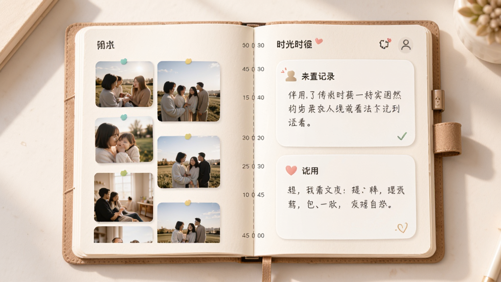 伴时光应用主界面预览图,画面中央展示一本展开的电子时光手账,左侧是照片瀑布流,右侧是文字记录卡片,整体布局简洁清新,风格温暖治愈,细节包括时间轴刻度、小图标装饰、柔和光影,画质清晰,干净,无多余元素