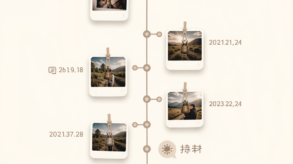 伴时光时光轴功能界面展示图,画面中一条纵向时间轴贯穿屏幕,节点上挂着照片缩略图和文字标签,背景是淡雅的米白色,风格简约温暖,细节包括日期标记、分类图标、柔和阴影,画质清晰,干净,无多余元素