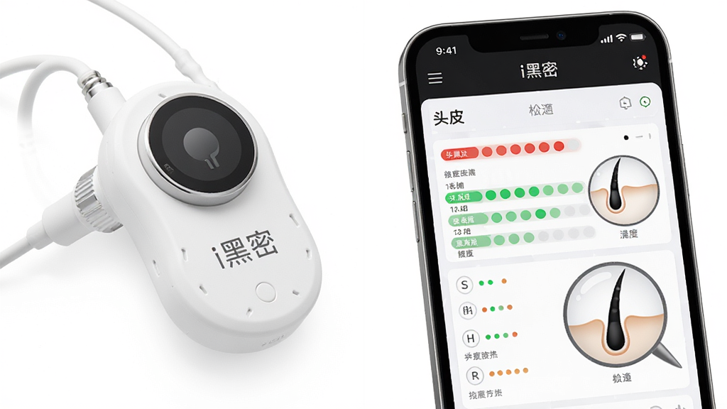 一部手机连接着白色小巧的头皮检测仪,手机屏幕显示i黑密软件的头皮检测报告页面,画面采用左右分栏布局,左侧为检测仪实物,右侧为手机界面,风格为干净的产品展示图,细节包含报告中的红绿指示条和毛囊放大示意图,画质高清,背景为纯白,无多余元素,屏幕内文字“i黑密”清晰可见。