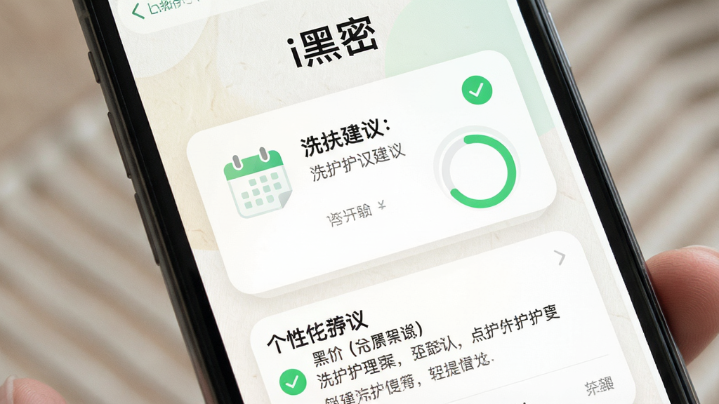 手机屏幕显示i黑密软件的个性化护理方案界面,画面中央是方案卡片,卡片上有日历图标、洗护建议文字和进度圆环,布局采用上下结构,上方为标题“i黑密”,下方为方案详情,风格为清新柔和的UI展示图,细节包含绿色对勾图标和浅色背景纹理,画质干净清晰,无杂乱元素。