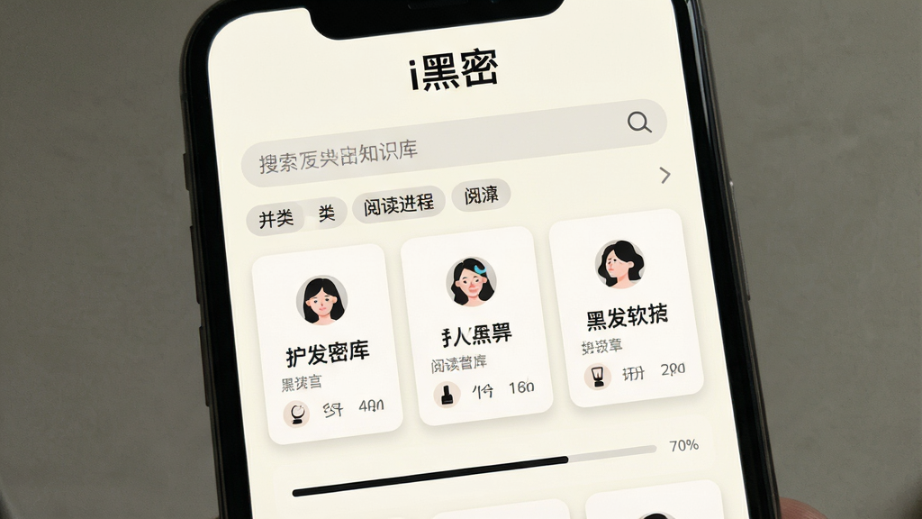 手机屏幕显示i黑密软件的护发知识库列表页,画面采用卡片式布局,每张卡片上有小图标和标题文字,风格为杂志排版风格,细节包含搜索框、分类标签和阅读进度条,画质干净,背景为米白色,顶部标题“i黑密”居中,无多余元素。