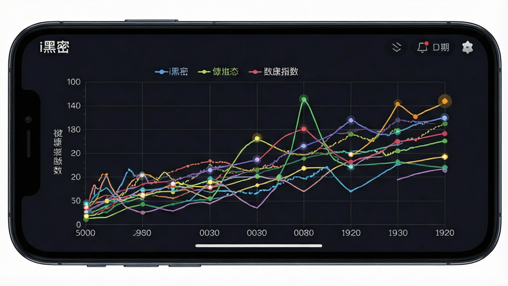 手机横屏显示i黑密软件的数据趋势图,画面主体为多条彩色折线图,横轴为日期,纵轴为健康指数,布局采用全屏图表展示,风格为数据可视化风格,细节包含图例标签、数据点高亮和网格线,画质清晰,背景为深色模式,屏幕顶部有“i黑密”字样,无多余装饰。