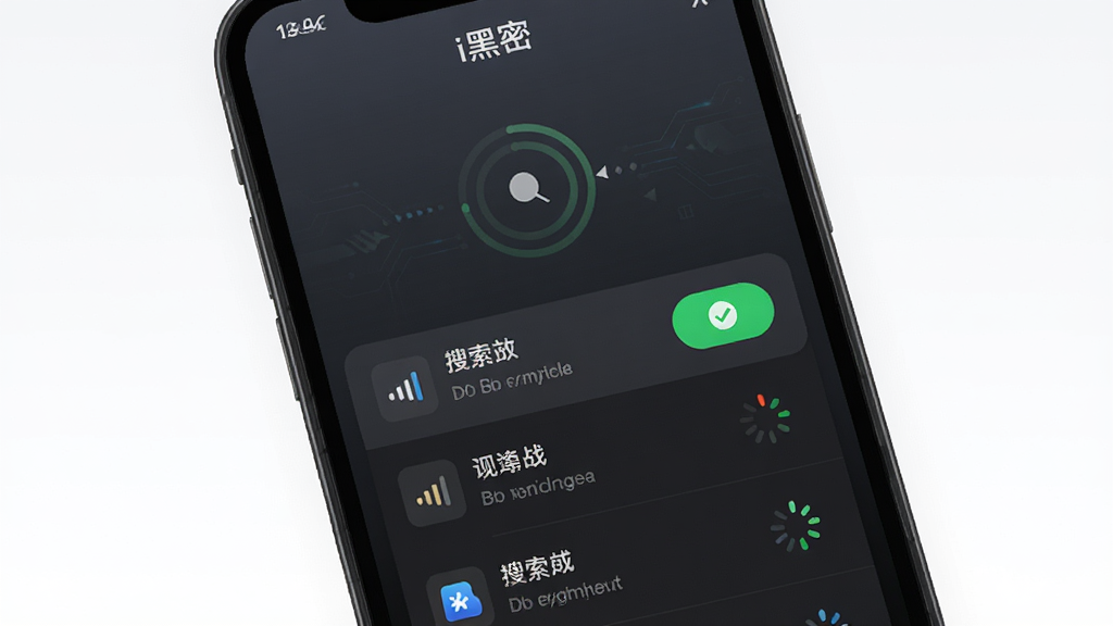 手机屏幕显示i黑密软件的蓝牙连接界面,画面中央是搜索到的设备列表,其中一个设备名称旁有绿色连接按钮,布局采用上下结构,上方为搜索动画,下方为设备列表,风格为深色科技风UI,细节包含信号强度图标和加载旋转圈,画质清晰,背景为深灰渐变,顶部文字“i黑密”清晰可见,无多余元素。