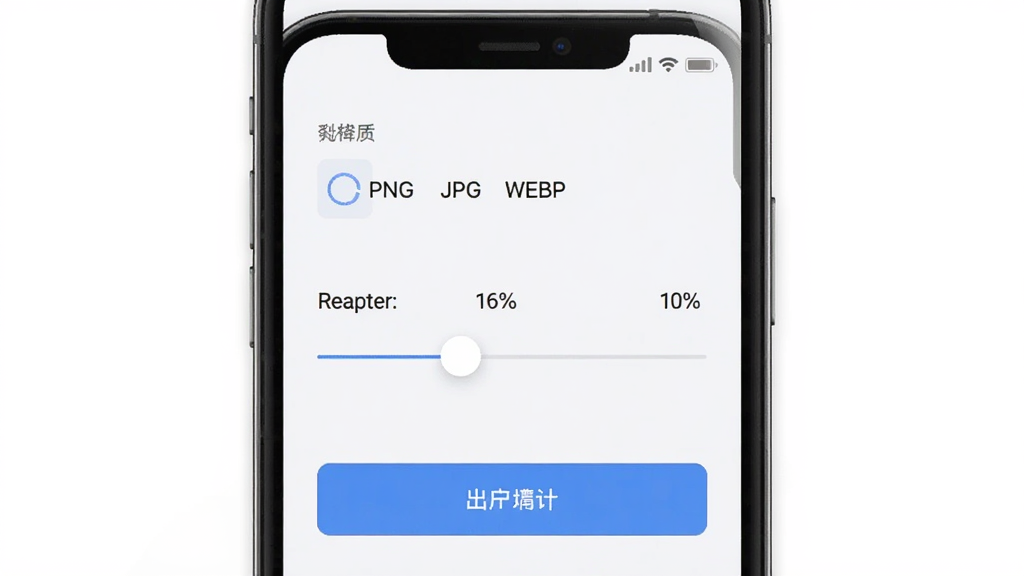 数裔软件导出设置界面,主体为手机屏幕显示格式选择与分辨率滑块,布局纵向排列,排版简洁,风格浅色背景,细节包括PNG JPG WEBP选项、质量百分比、导出按钮,画质高清,干净,无多余元素