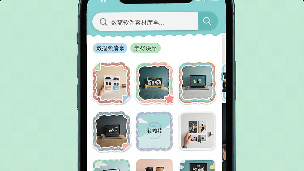 数裔软件素材库界面,主体为手机屏幕显示分类素材网格,布局顶部搜索栏下方缩略图列表,排版整齐,风格清新明快,细节包括贴纸边框字体分类标签、搜索图标,画质高清,干净,无多余元素