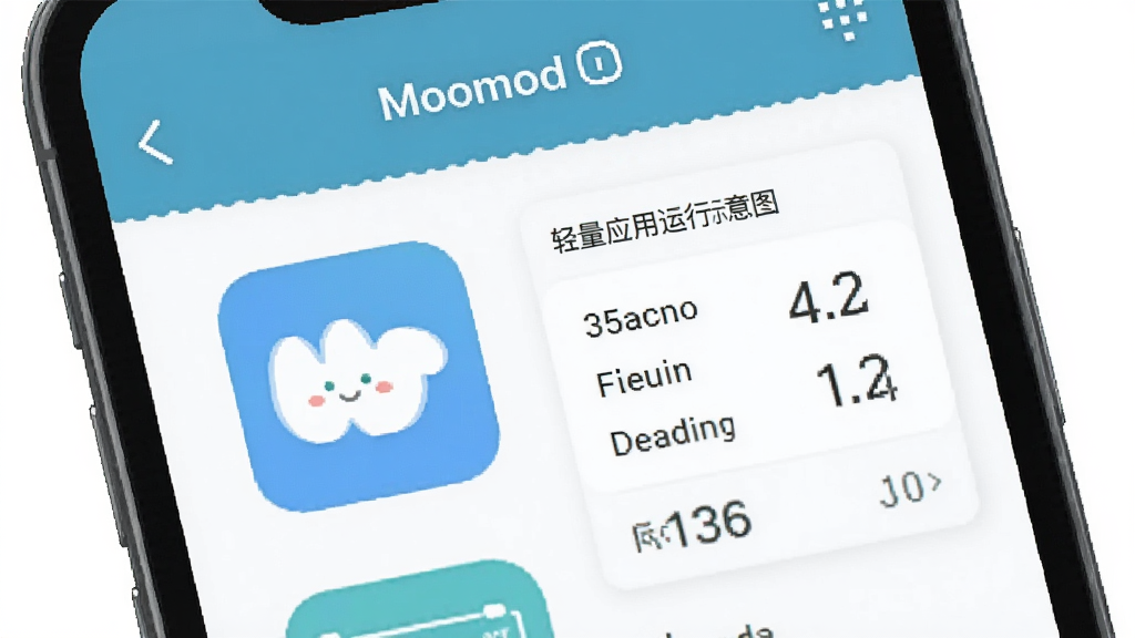 主体为轻量应用运行示意图,布局为手机屏幕特写,排版简洁,风格为清爽扁平化,细节包含“Moomod”应用界面和低占用数据面板,画质清晰,干净,无多余元素