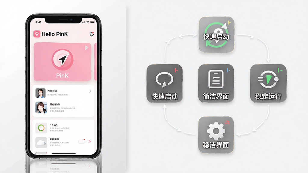 一张展示 Hello PinK 功能模块布局的示意图,画面左侧为手机界面,右侧为功能图标拆解,包含“快速启动”“简洁界面”“稳定运行”等文字标签,背景为白色与浅灰搭配,风格商务简洁,画质清晰干净