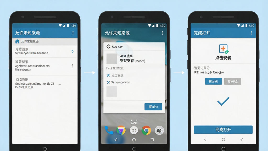 一张展示安卓手机安装 APK 文件过程的步骤示意图,画面包含“允许未知来源”“点击安装”“完成打开”三个手机界面,背景为浅蓝色,风格扁平化,画质清晰,文字标注明确