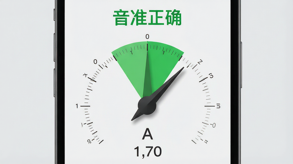 一张展示二胡校音器实时音准反馈功能的图片,画面中手机屏幕占据主体,屏幕中央是一个大号圆形调音表,指针指向正上方绿色区域,屏幕上方显示