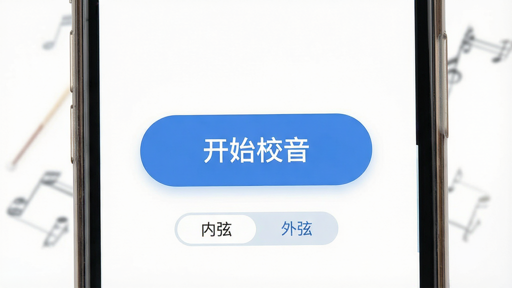 一张展示二胡校音器简洁操作界面的图片,画面中一部智能手机竖屏显示软件主界面,界面中央是一个醒目的