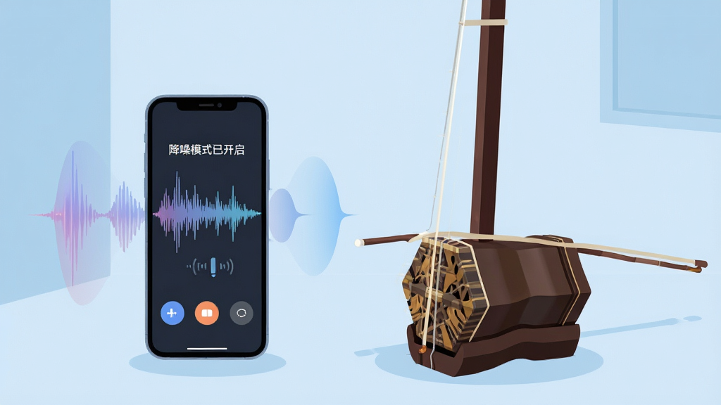 一张展示二胡校音器高灵敏度拾音功能的图片,画面中一把二胡置于安静的房间内,手机放置在二胡附近,手机屏幕显示声波波形和