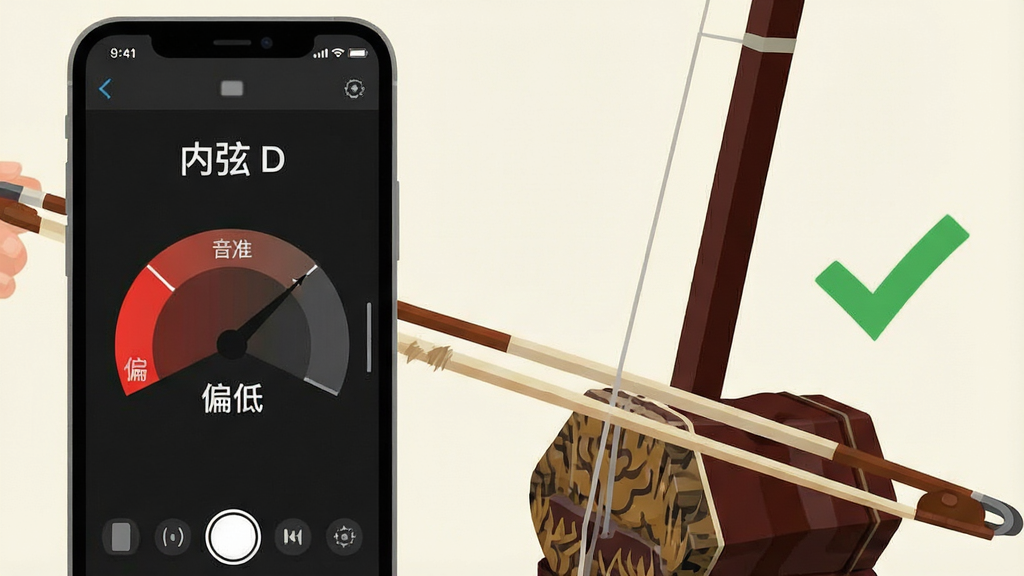 一张展示二胡校音器核心功能的图片,画面中一把二胡的琴弓正在拉奏内弦,手机屏幕显示