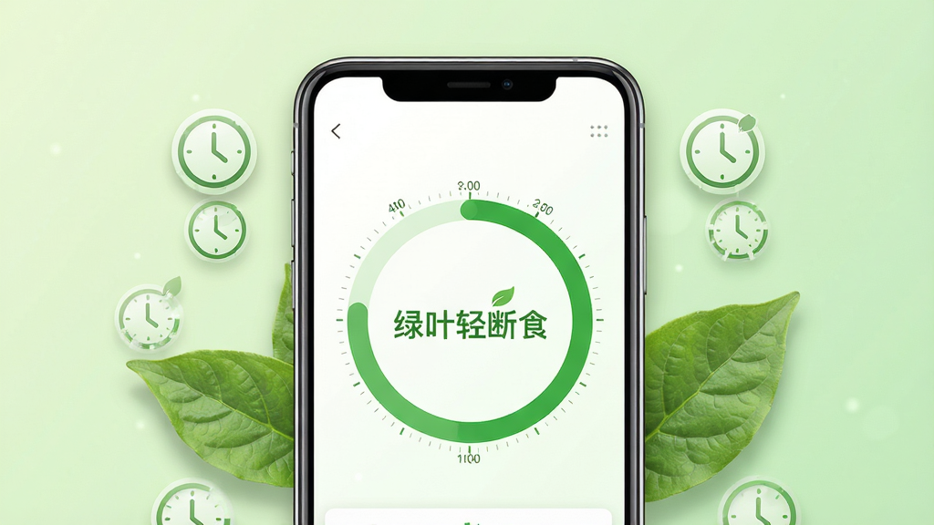 画面中央放置一部智能手机,手机屏幕显示绿叶轻断食应用主界面,界面中有绿色圆形断食进度环和