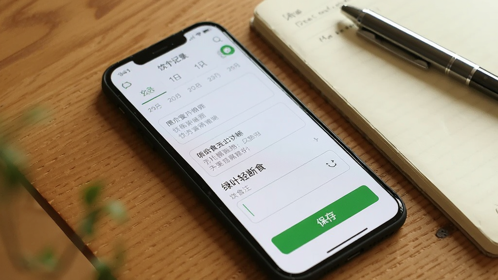 手机屏幕展示绿叶轻断食的饮食记录页面,页面中有日期列表和饮食备注输入框,输入框旁有