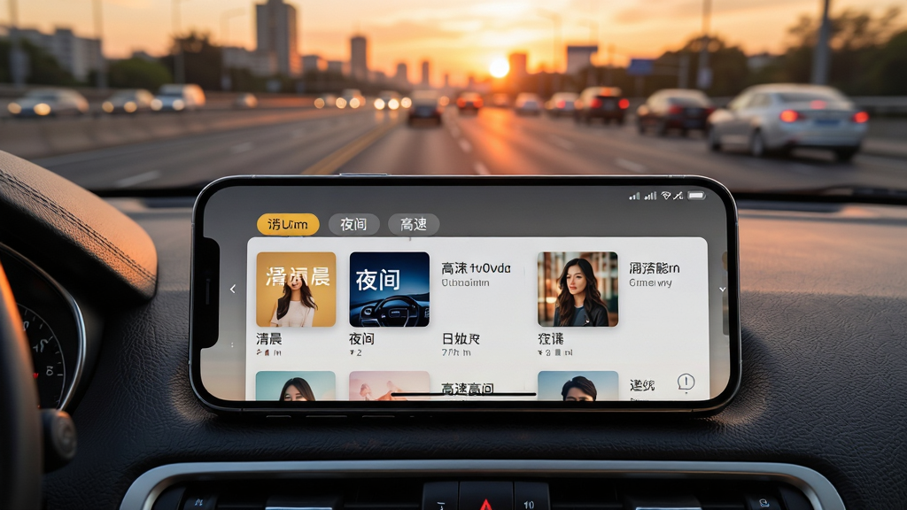 汽车音乐歌曲智能推荐功能展示图,画面中一部手机横屏放置在汽车中控台位置,屏幕显示智能推荐歌单界面,包含清晨、夜间、高速等场景标签和对应歌曲列表,背景为城市道路和夕阳,风格为清新写实风,细节包括中控台纹理、屏幕光影、道路虚化,画质高清,干净,无多余元素