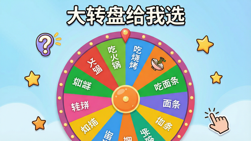 一张展示“大转盘给我选”软件主界面的图片,画面中央是一个色彩鲜艳的圆形转盘,转盘被均匀分成多个扇形区域,每个区域写有不同的选项文字如“吃火锅”“吃烧烤”“吃面条”等,转盘上方有醒目的软件名称“大转盘给我选”字样,背景是柔和的浅蓝色渐变,周围点缀着几个卡通风格的小图标如问号、星星和手指点击符号,整体风格活泼明快,画质清晰,干净无多余元素