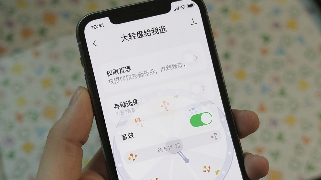 一张展示“大转盘给我选”在手机上运行时的设置界面图片,画面中手机屏幕显示权限管理、存储选择、音效开关等选项,界面布局清晰,顶部有“大转盘给我选”软件名称,背景为浅色,风格简洁,画质清晰,无多余元素