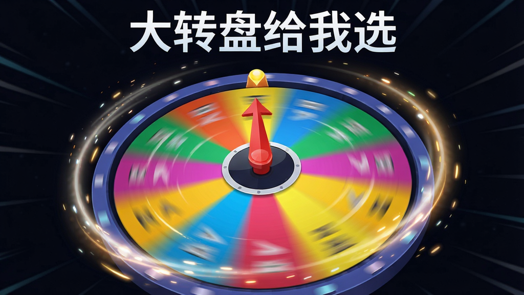 一张展示“大转盘给我选”旋转动画效果的图片,画面中转盘正在高速旋转,带有动态模糊效果,指针指向某个扇形区域,周围有速度线和光效点缀,顶部有“大转盘给我选”软件名称,背景为深色以突出转盘色彩,风格动感现代,画质清晰,干净无多余元素