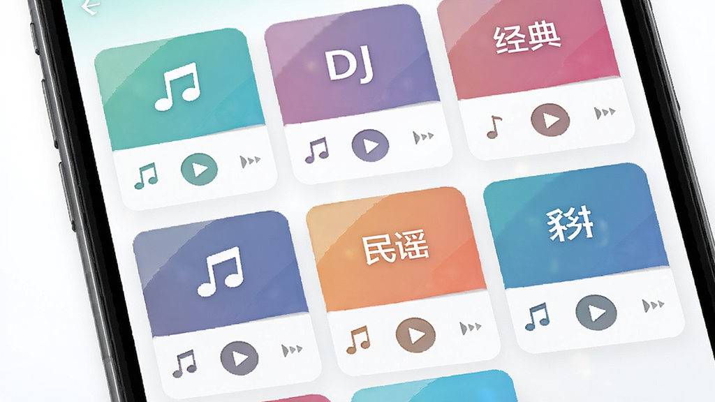 汽车音乐歌曲海量曲库界面,主体为手机屏幕内展示多个音乐分类卡片,卡片上标注流行、DJ、经典、民谣等字样,布局为网格排列,风格清新明亮,细节包含音符图标和播放按钮,画质高清,干净,无多余元素