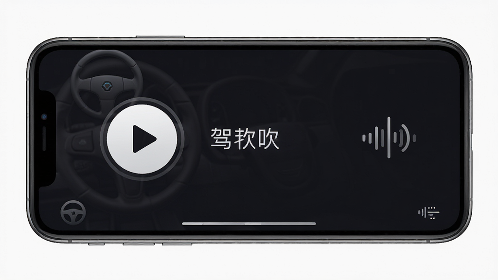 汽车音乐歌曲驾驶模式界面,主体为手机横屏显示,屏幕内为大号播放按钮和歌名文字,布局简洁,风格深色护眼,细节包含方向盘图标和语音波纹,画质高清,干净,无多余元素