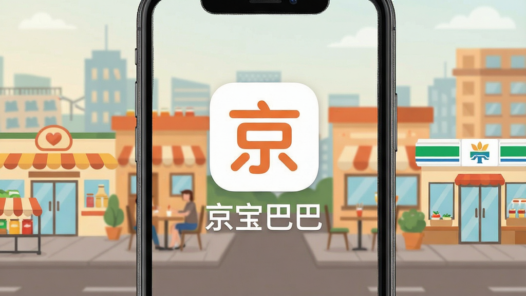 一张手机屏幕展示京宝巴巴应用首页的图片,画面中央是应用图标和名称“京宝巴巴”,背景是温馨的城市生活场景,包含超市、餐厅、便利店等元素,排版简洁,风格现代扁平化,细节清晰,画质高清,干净无多余元素