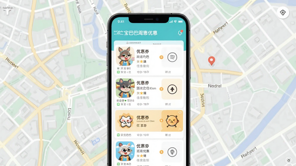 一张展示京宝巴巴周边优惠功能的图片,画面主体是手机屏幕显示附近商家列表和优惠券,背景是城市街区地图,布局清晰,排版整齐,风格清新明亮,细节丰富,画质高清,干净无多余元素