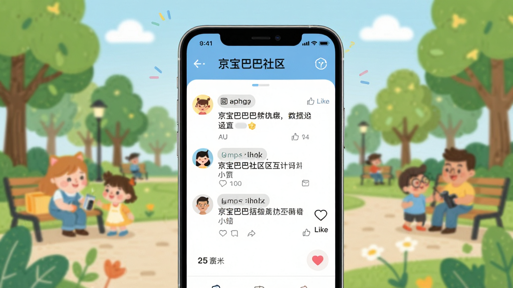 一张展示京宝巴巴社区互动功能的图片,画面主体是手机屏幕显示用户评论和点赞界面,背景是社区公园场景,布局活泼,排版自然,风格亲切,细节生动,画质高清,干净无多余元素