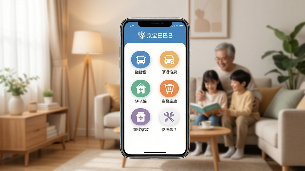 一张展示京宝巴巴便民服务功能的图片,画面中央是手机界面显示缴费、快递、家政等图标,背景是温馨的家庭环境,排版简洁,风格柔和,细节清晰,画质高清,干净无多余元素