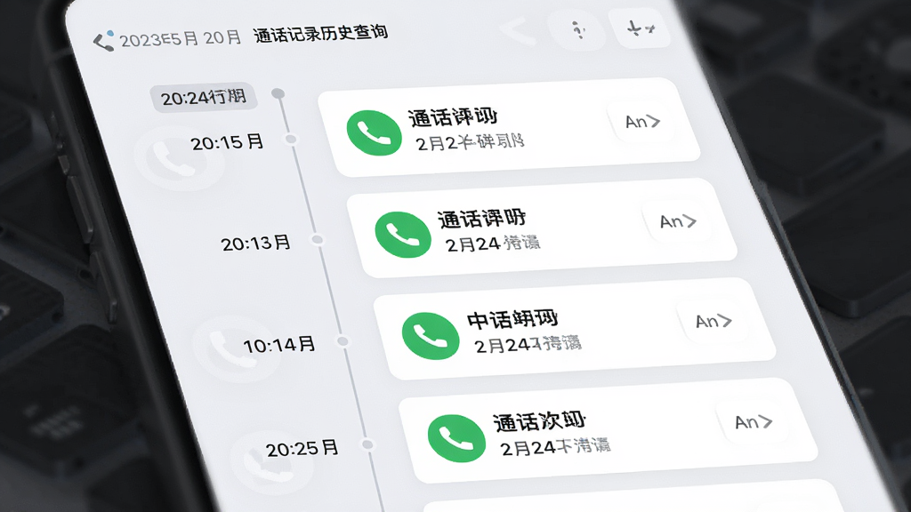 AI生成图片,主体为“通话记录历史查询”时间轴界面,布局为左侧时间线,右侧通话条目卡片,排版纵向延伸,风格为极简浅色,细节包括日期分组标签、通话图标,画质高清,干净无多余元素