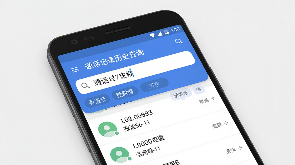 AI生成图片,主体为一部安卓手机,屏幕显示“通话记录历史查询”搜索界面,上方有搜索框,输入了部分号码,下方列表实时过滤出匹配的通话记录,布局简洁,排版清晰,风格为现代扁平化UI,细节包括搜索图标、过滤标签,画质高清,干净无多余元素