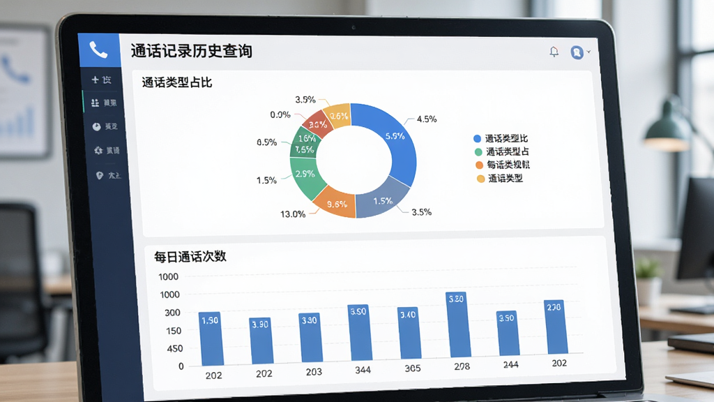 AI生成图片,主体为“通话记录历史查询”数据统计页面,布局为上方环形图展示通话类型占比,下方柱状图展示每日通话次数,排版整齐,风格为清爽商务风,细节包括数字标签、图例说明,画质高清,干净无多余元素