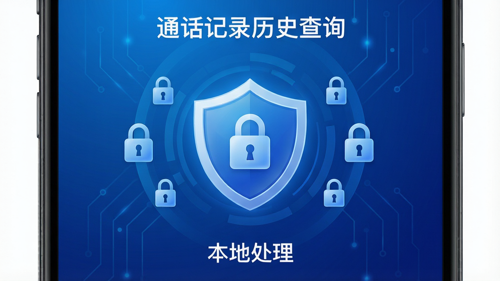 AI生成图片,主体为“通话记录历史查询”隐私保护界面,布局为盾牌图标居中,周围环绕锁形元素,排版对称,风格为科技安全风,细节包括蓝色渐变背景、文字“本地处理”字样,画质高清,干净无多余元素