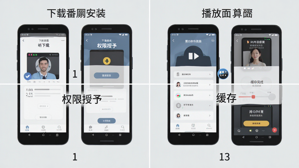 һ��չʾ����FMʹ�ò����AIͼƬ�������Ϊ�ĸ����񣬷ֱ���ʾ���ذ�װ��Ȩ�����衢���Ž��桢������ɵ��ֻ�������ͼ���廭��ÿ�������·��м��Ĳ������֡�������ǳ��ɫ�����Ϊ��ƽ���̳̲�ͼ��ϸ�����������ʸ��壬�ɾ��޶���Ԫ�ء�