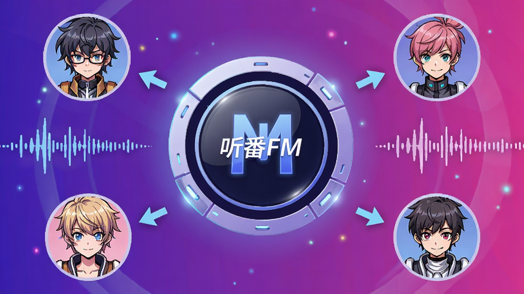 һ��չʾ����FM���Ի��Ƽ����ܵ�AIͼƬ������������һ�������Բ���Ƽ�����ͼ�꣬��Χ�����Ŷ��������ɫͷ�����Ƶ����ͼ����ͷ������ָ�����ͷ�񡣱�������ɫ���ɫ��֯�Ľ��䡣���Ϊδ���Ƽ��в廭�磬ϸ�ھ��£����ʸ��壬�ɾ��޶���Ԫ�ء�