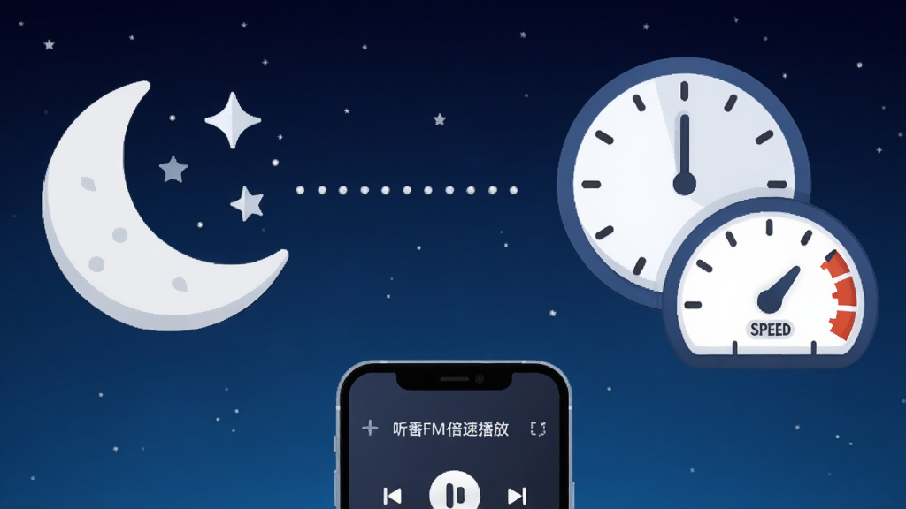 һ��չʾ����FM��ʱ�ر��뱶�ٲ��Ź��ܵ�AIͼƬ�����������һ�����������ǵ�ҹ��ͼ�꣬�Ҳ���һ��ʱ�ӱ��̺��ٶ��Ǳ��̡��м����������ӣ��·���һ���ֻ���ʾ���Ž��档����������ɫҹ�ս��䡣���Ϊ��Լͼ����Ʒ磬ϸ�ڸɾ������ʸ��壬�޶���Ԫ�ء�